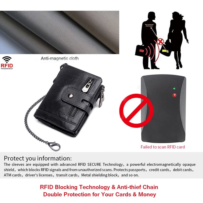 boshiho Real Leather RFID Blocking Bifold Wallets for Men Double Zipper Coin Pocket Purse with Anti-Theft Chain (Black-2) - Image 5
